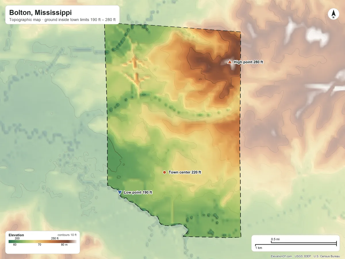 Topographic elevation map of Bolton, Mississippi, shaded from 190 ft on the southwest side to 280 ft on the northeast side
