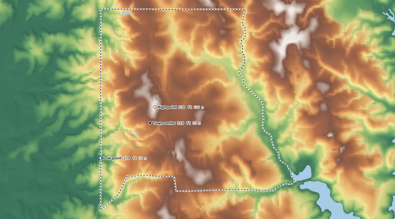 Topographic elevation map of Bond, Mississippi, shaded from 220 ft on the southwest side to 330 ft near the middle