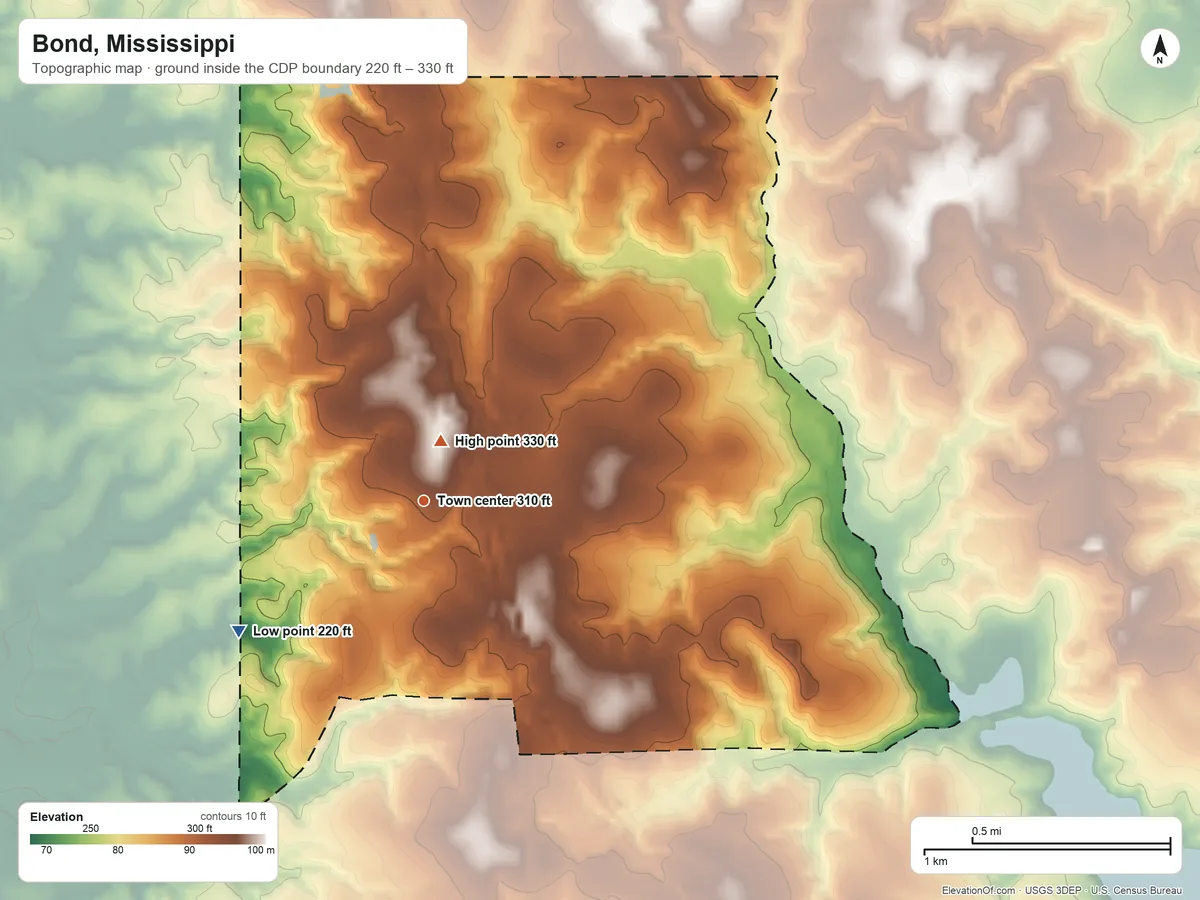 Topographic elevation map of Bond, Mississippi, shaded from 220 ft on the southwest side to 330 ft near the middle