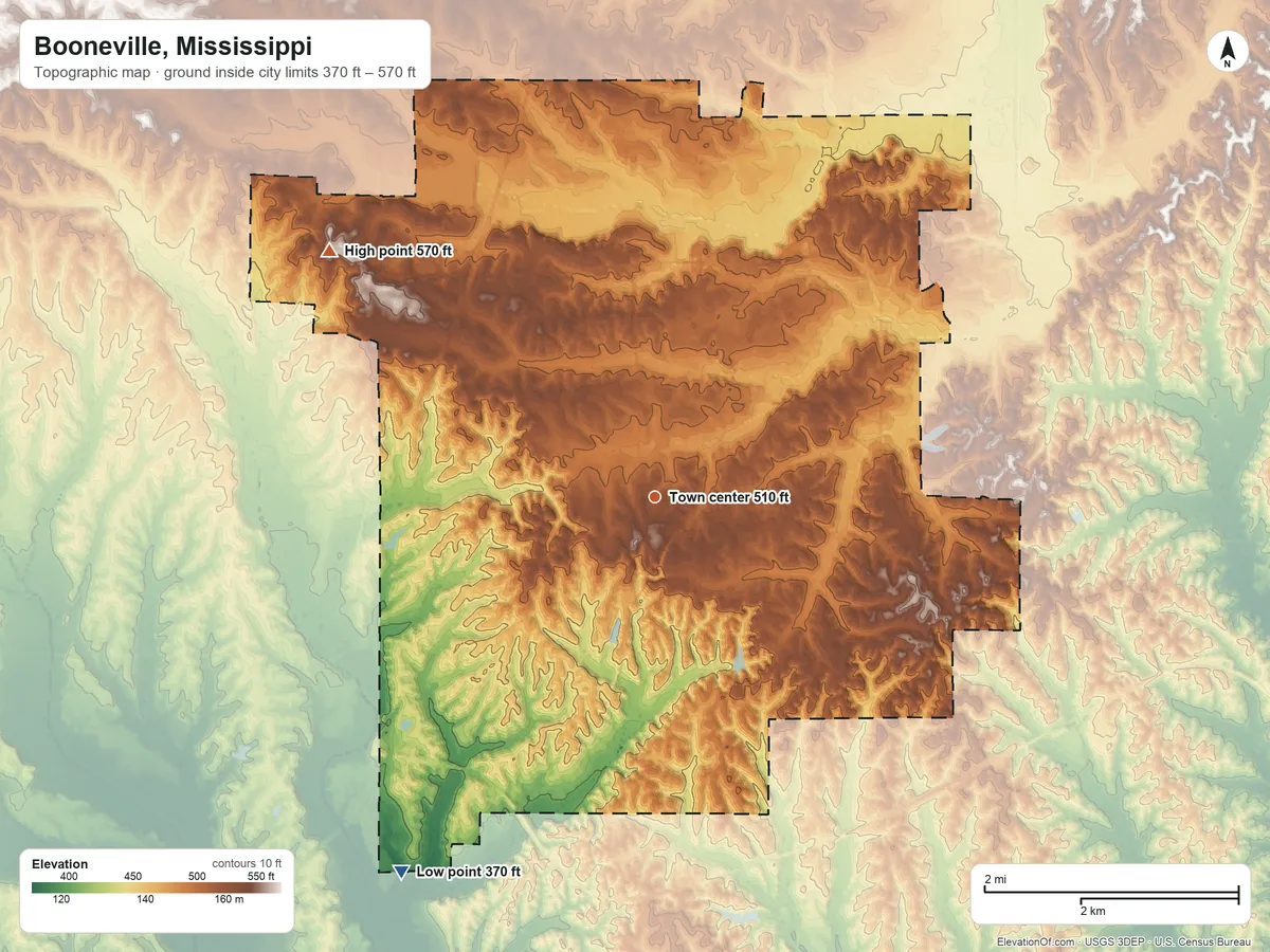 Topographic elevation map of Booneville, Mississippi, shaded from 370 ft on the southwest side to 570 ft on the northwest side