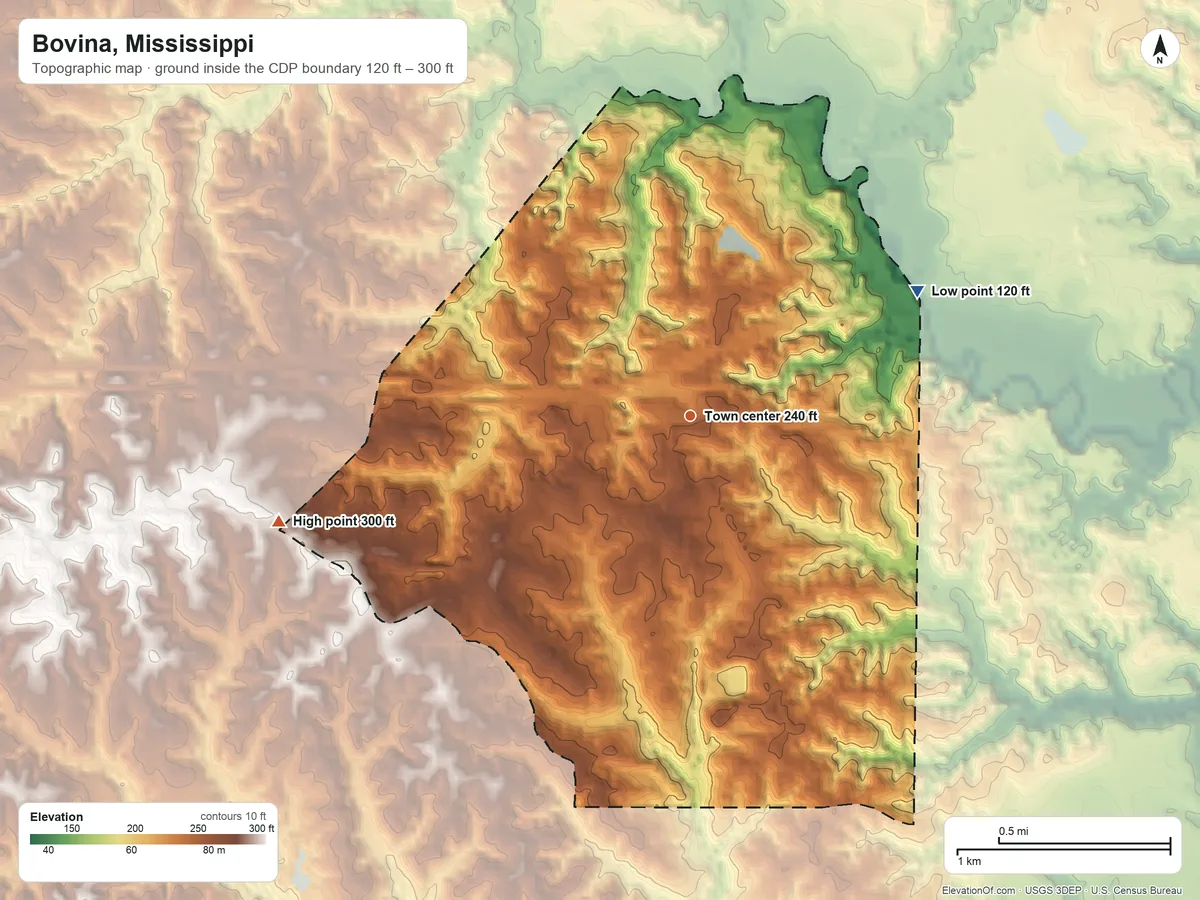 Topographic elevation map of Bovina, Mississippi, shaded from 120 ft on the northeast side to 300 ft on the west side