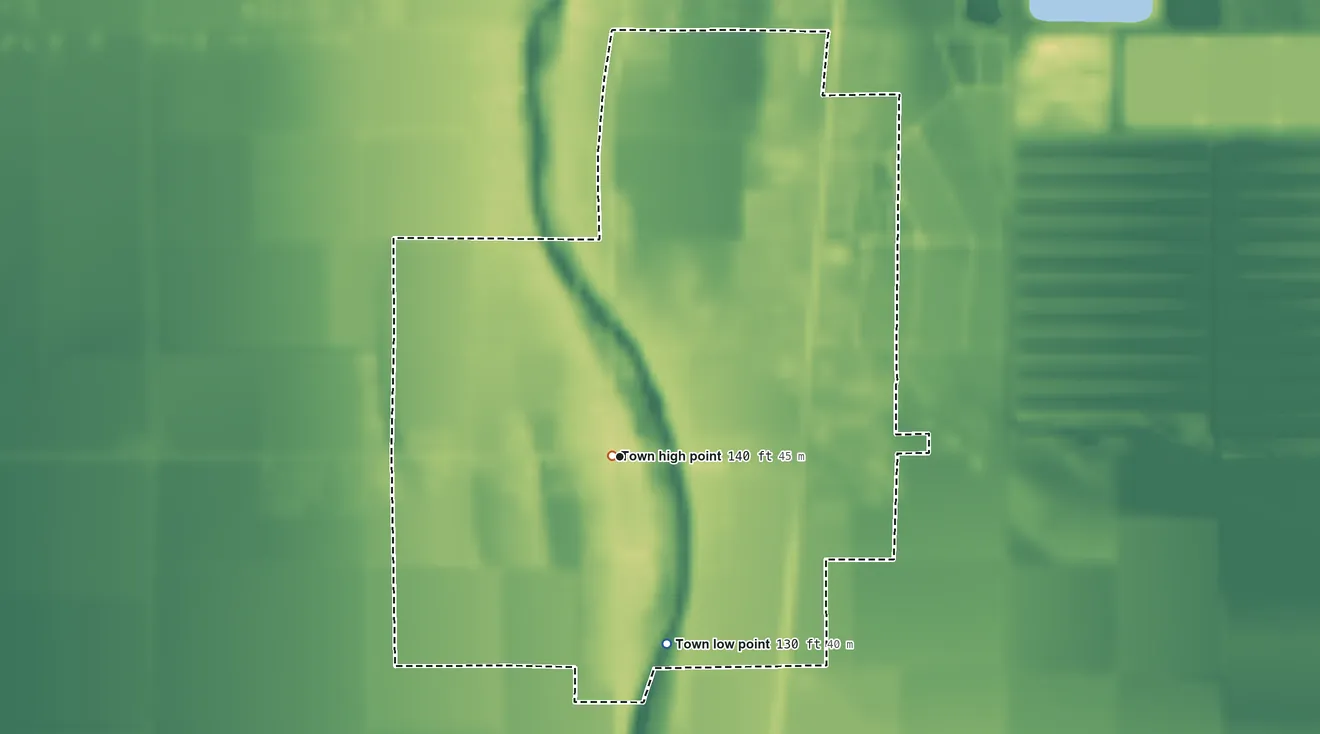 Topographic elevation map of Boyle, Mississippi, shaded from 130 ft on the south side to 140 ft near the middle