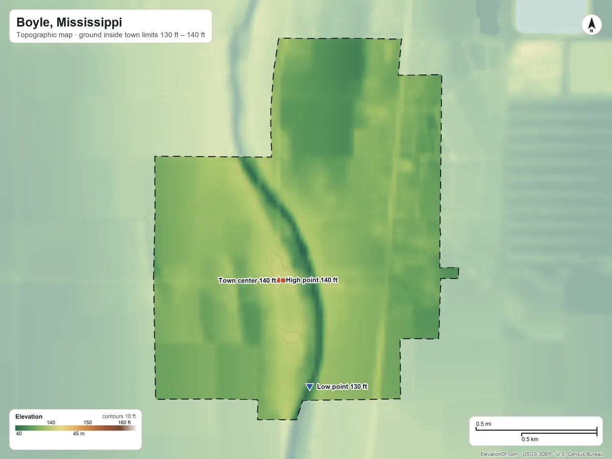Topographic elevation map of Boyle, Mississippi, shaded from 130 ft on the south side to 140 ft near the middle