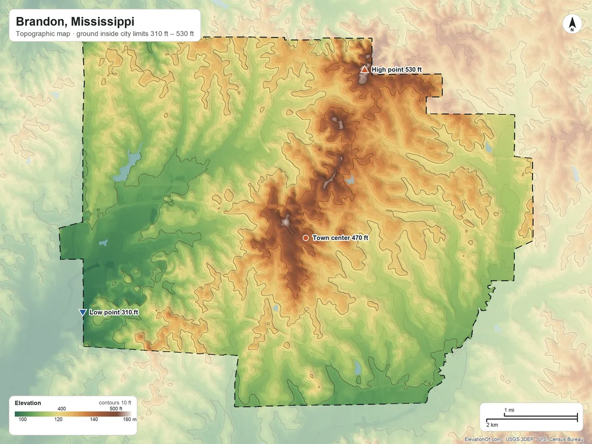 Topographic elevation map of Brandon, Mississippi, shaded from 310 ft on the west side to 530 ft on the north side