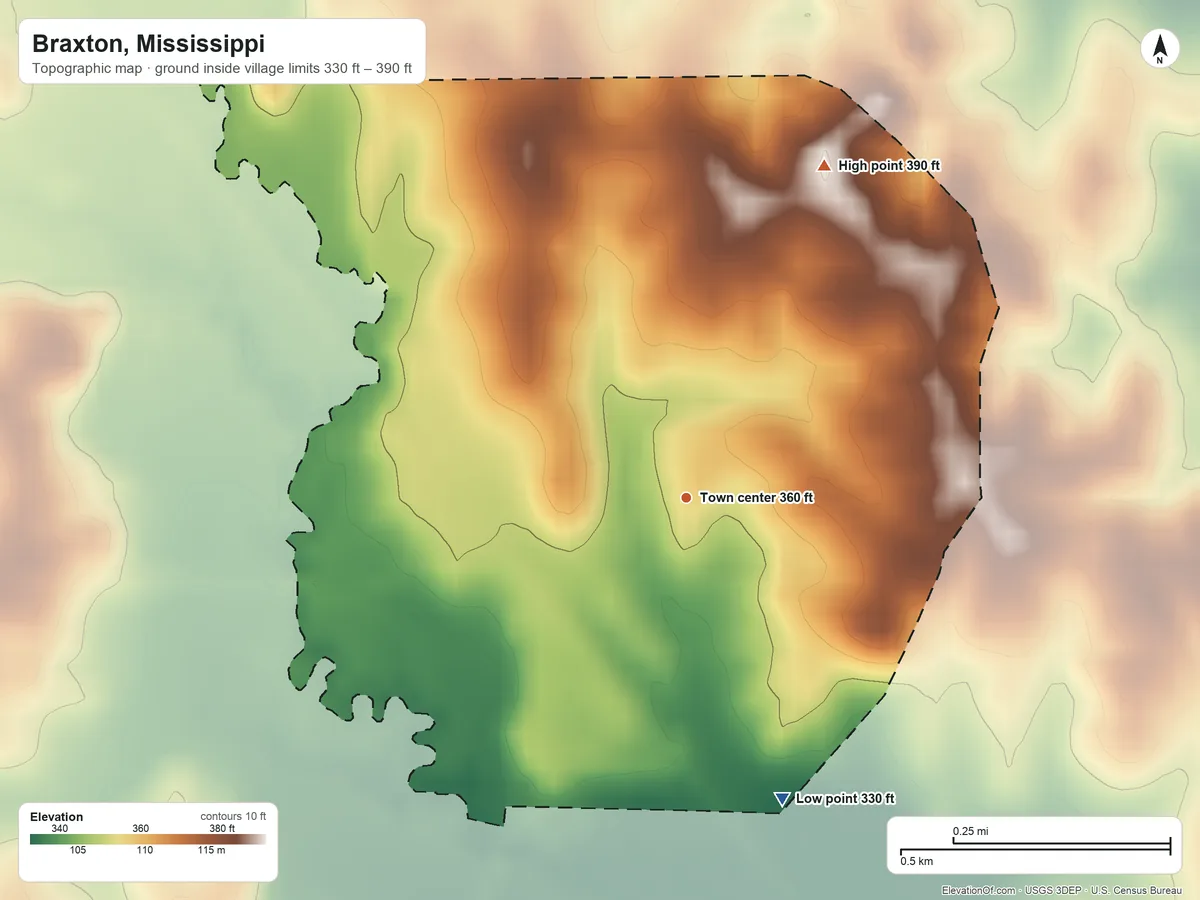 Topographic elevation map of Braxton, Mississippi, shaded from 330 ft on the south side to 390 ft on the northeast side