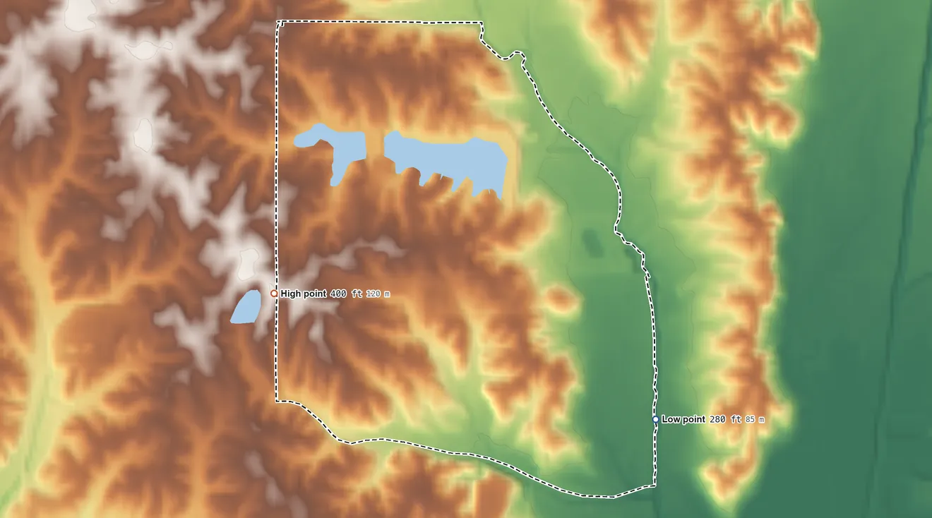 Topographic elevation map of Bridgetown, Mississippi, shaded from 280 ft on the southeast side to 400 ft on the southwest side