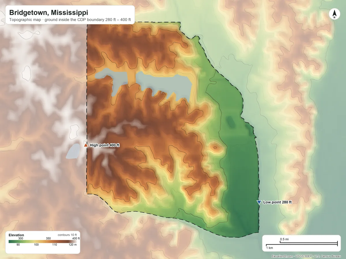 Topographic elevation map of Bridgetown, Mississippi, shaded from 280 ft on the southeast side to 400 ft on the southwest side