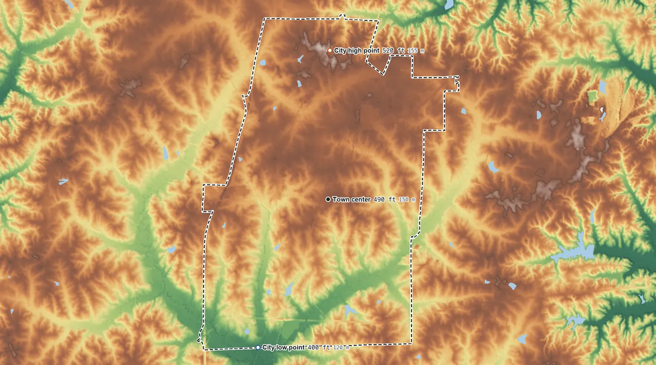 Topographic elevation map of Brookhaven, Mississippi, shaded from 400 ft on the southwest side to 520 ft on the north side