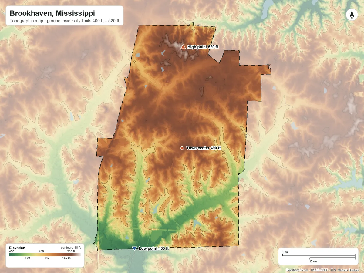 Topographic elevation map of Brookhaven, Mississippi, shaded from 400 ft on the southwest side to 520 ft on the north side