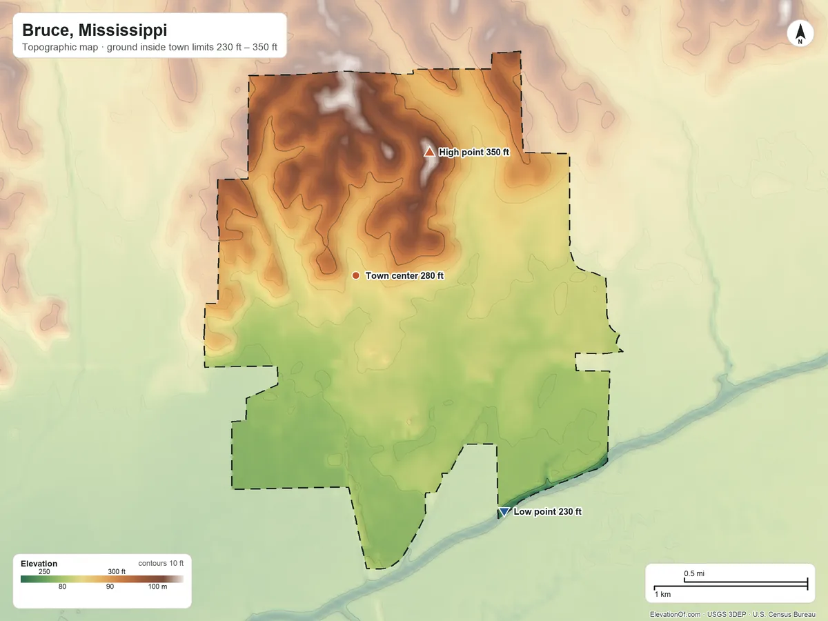 Topographic elevation map of Bruce, Mississippi, shaded from 230 ft on the southeast side to 350 ft on the northeast side