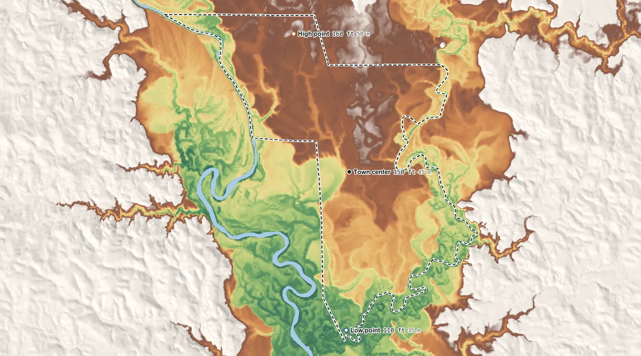 Topographic elevation map of Buckatunna, Mississippi, shaded from 110 ft on the south side to 160 ft on the north side
