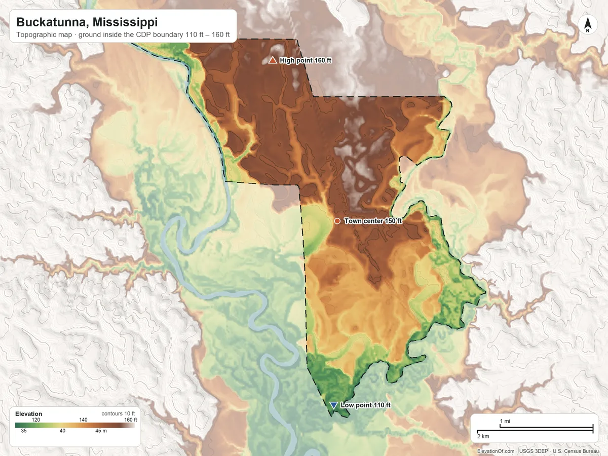 Topographic elevation map of Buckatunna, Mississippi, shaded from 110 ft on the south side to 160 ft on the north side