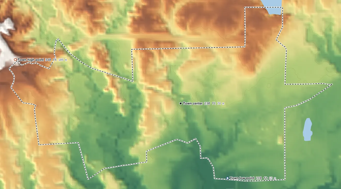 Topographic elevation map of Bude, Mississippi, shaded from 210 ft on the southeast side to 340 ft on the west side
