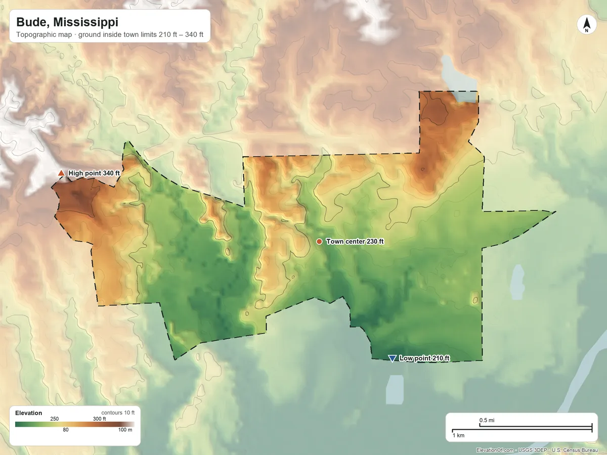 Topographic elevation map of Bude, Mississippi, shaded from 210 ft on the southeast side to 340 ft on the west side
