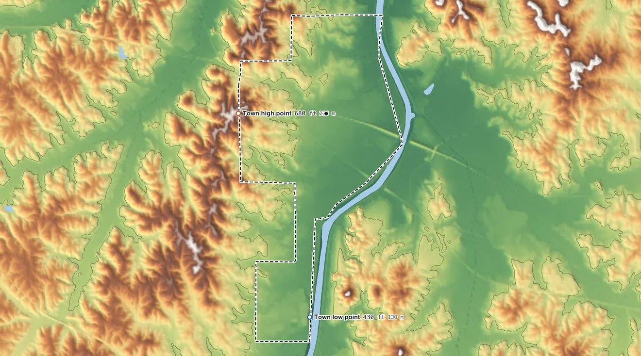 Topographic elevation map of Burnsville, Mississippi, shaded from 430 ft on the south side to 680 ft on the west side