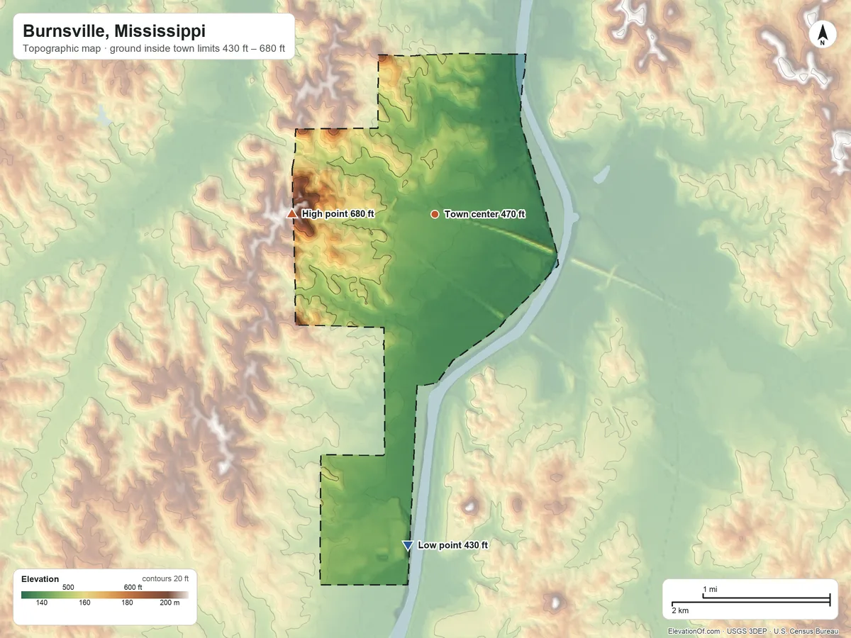 Topographic elevation map of Burnsville, Mississippi, shaded from 430 ft on the south side to 680 ft on the west side