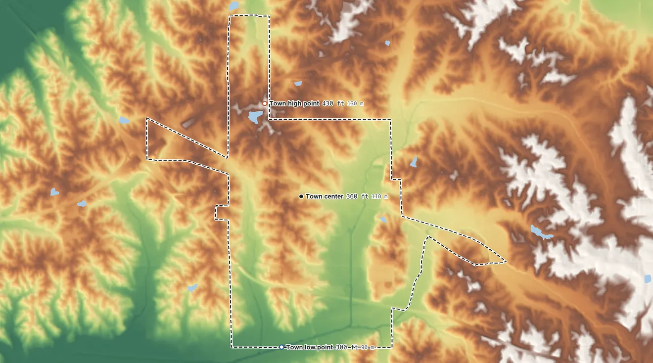 Topographic elevation map of Byhalia, Mississippi, shaded from 300 ft on the south side to 430 ft on the north side