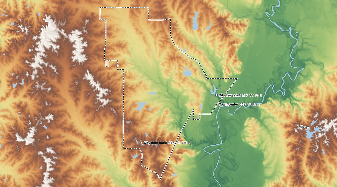 Topographic elevation map of Byram, Mississippi, shaded from 230 ft near the middle to 410 ft on the southwest side