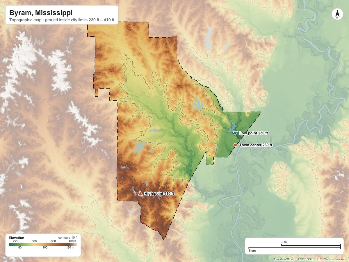 Topographic elevation map of Byram, Mississippi, shaded from 230 ft near the middle to 410 ft on the southwest side