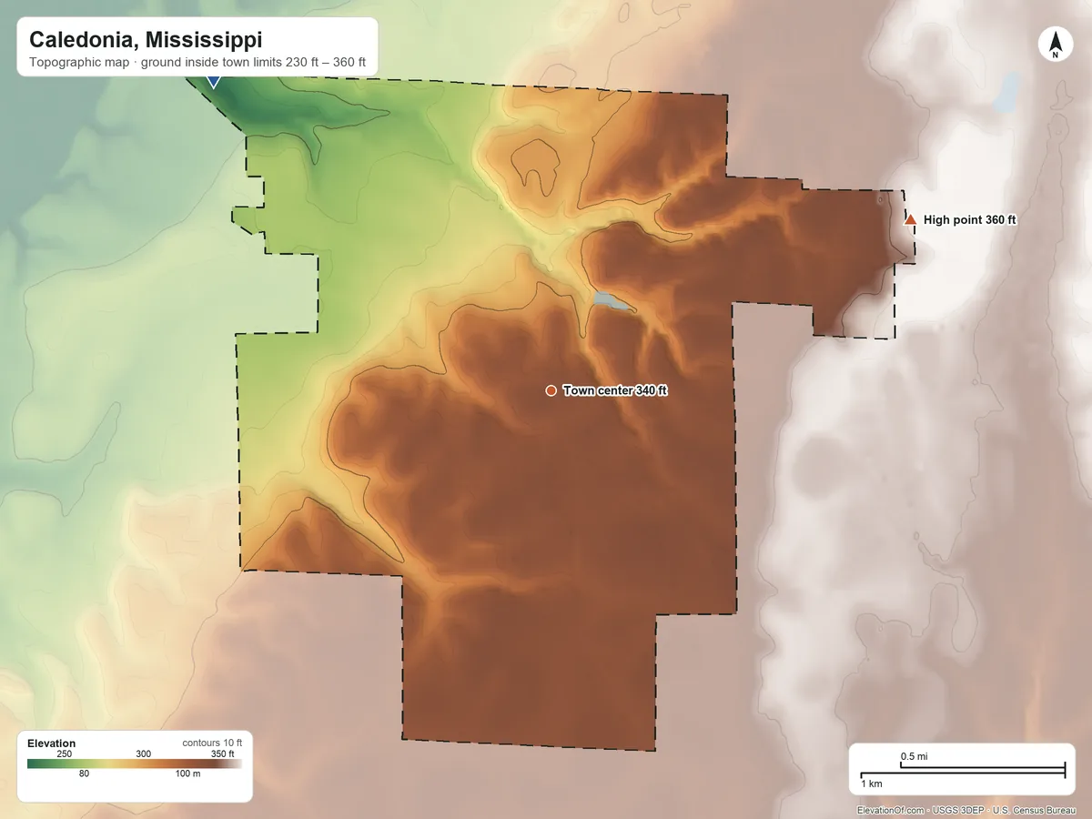 Topographic elevation map of Caledonia, Mississippi, shaded from 230 ft on the northwest side to 360 ft on the northeast side
