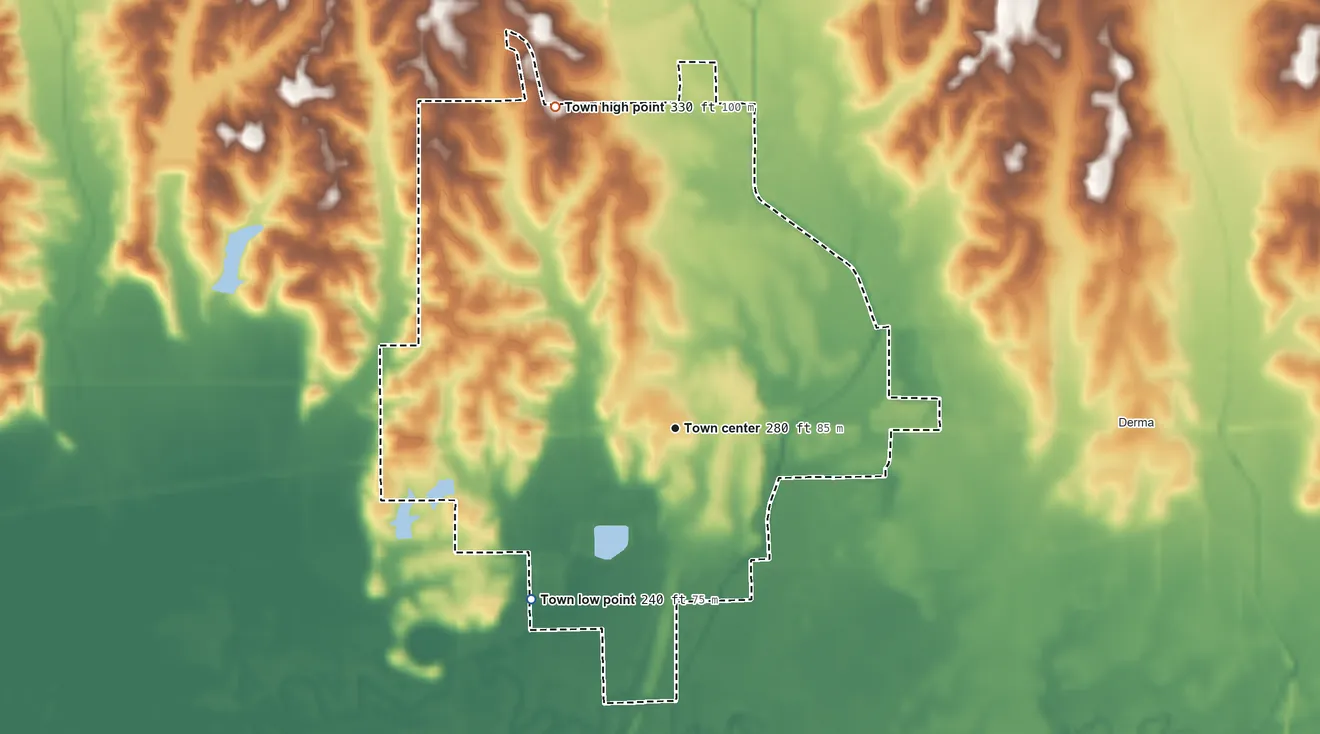 Topographic elevation map of Calhoun City, Mississippi, shaded from 240 ft on the southwest side to 330 ft on the north side