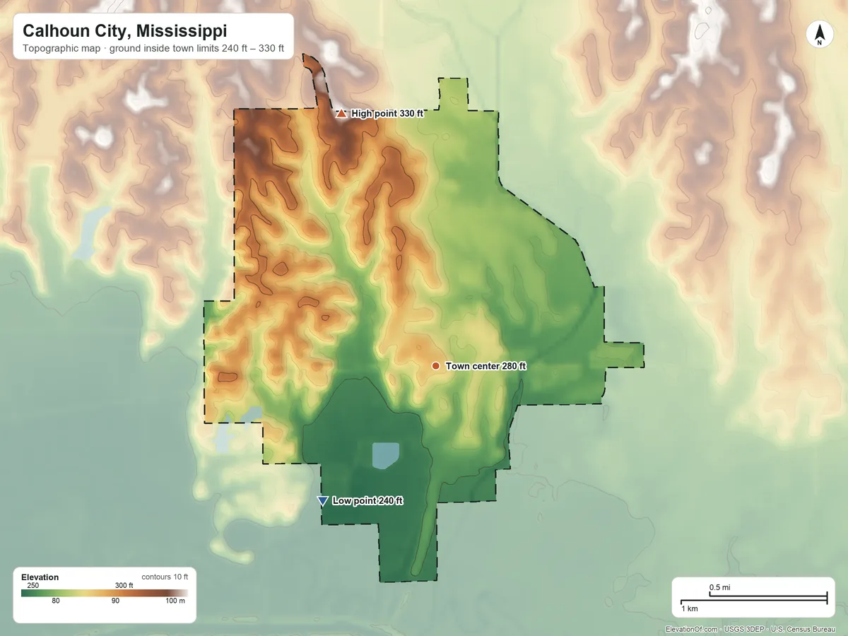 Topographic elevation map of Calhoun City, Mississippi, shaded from 240 ft on the southwest side to 330 ft on the north side