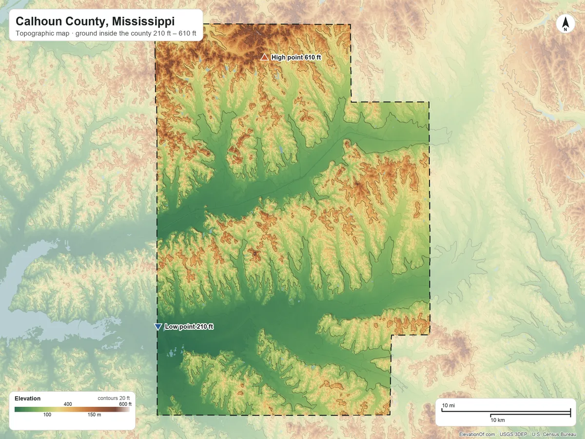 Topographic elevation map of Calhoun County, Mississippi, shaded from 210 ft on the southwest side to 610 ft on the north side