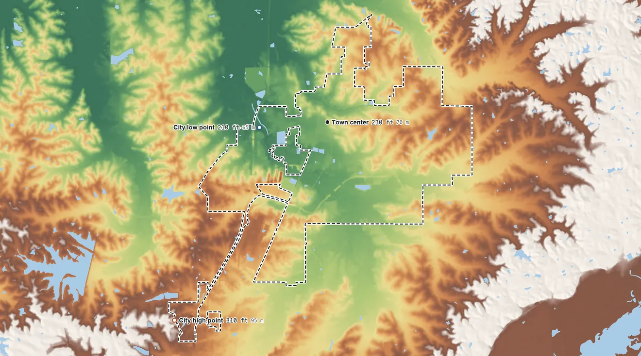 Topographic elevation map of Canton, Mississippi, shaded from 210 ft on the west side to 310 ft on the southwest side