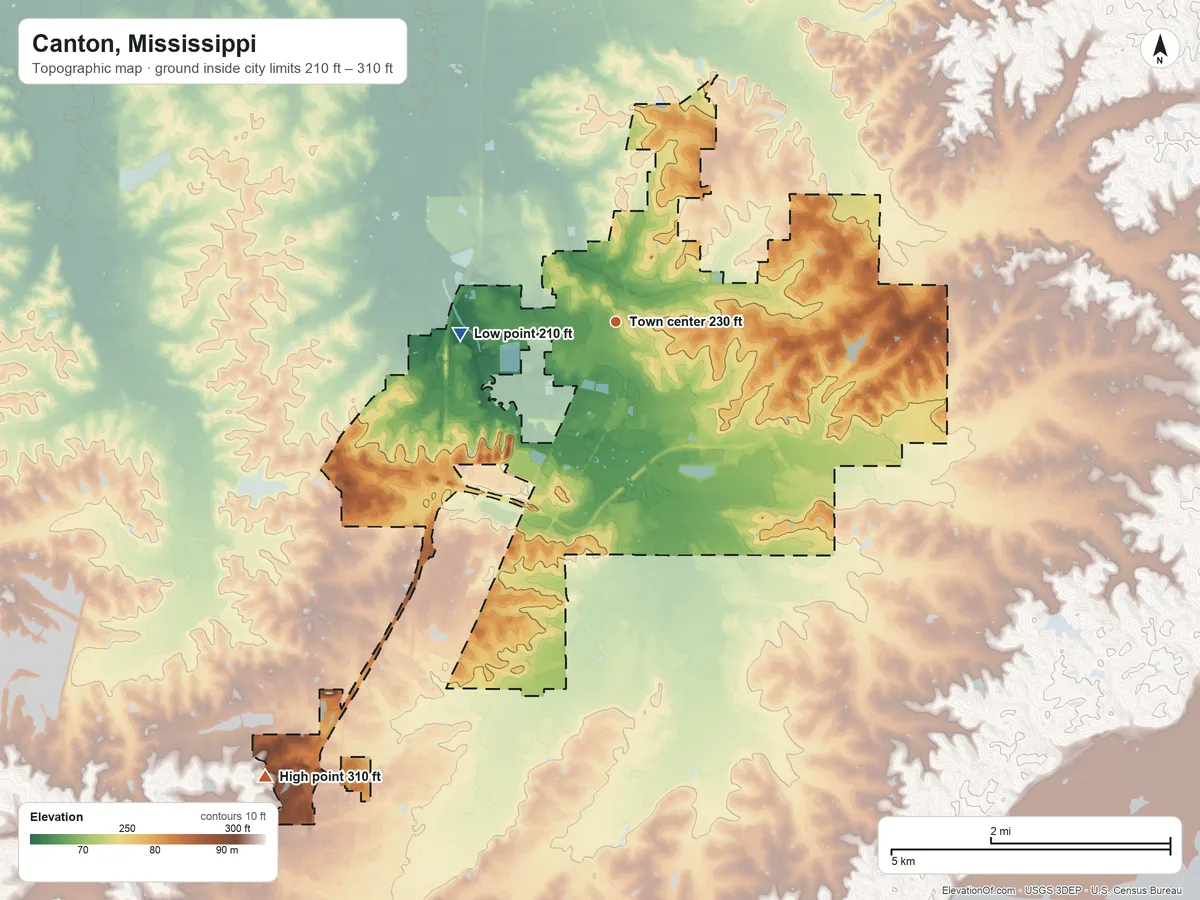 Topographic elevation map of Canton, Mississippi, shaded from 210 ft on the west side to 310 ft on the southwest side