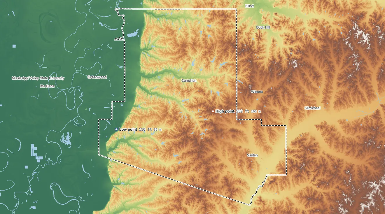 Topographic elevation map of Carroll County, Mississippi, shaded from 110 ft on the west side to 550 ft near the middle