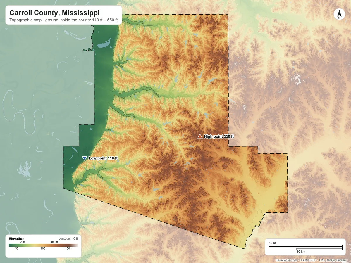 Topographic elevation map of Carroll County, Mississippi, shaded from 110 ft on the west side to 550 ft near the middle