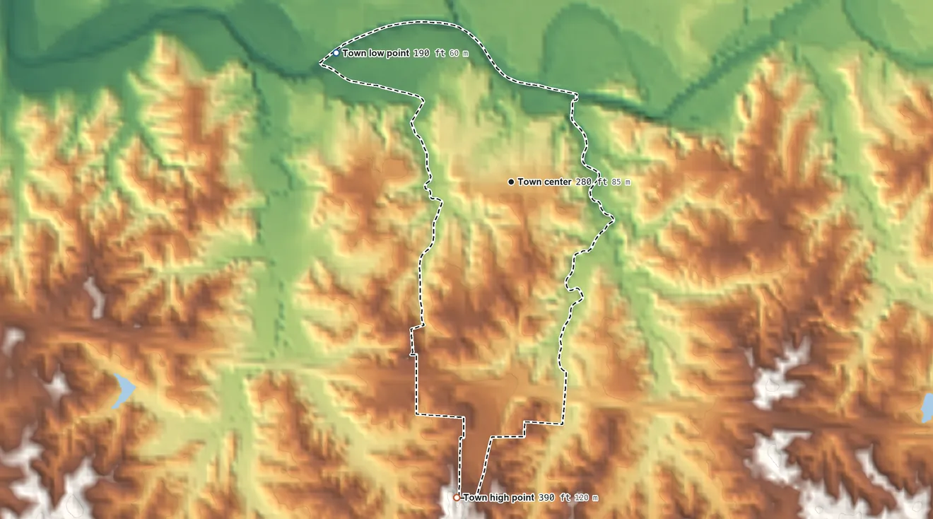 Topographic elevation map of Carrollton, Mississippi, shaded from 190 ft on the northwest side to 390 ft on the south side