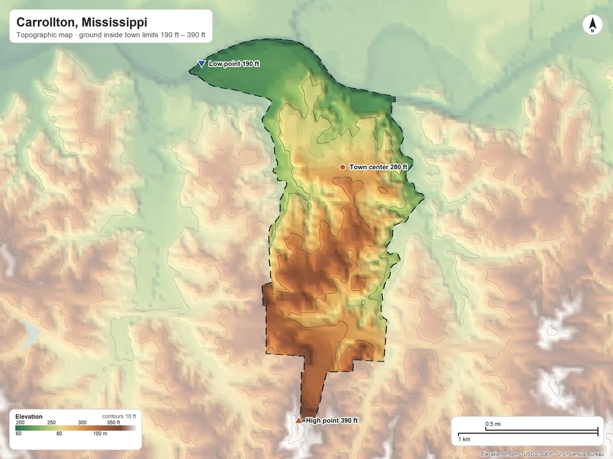 Topographic elevation map of Carrollton, Mississippi, shaded from 190 ft on the northwest side to 390 ft on the south side