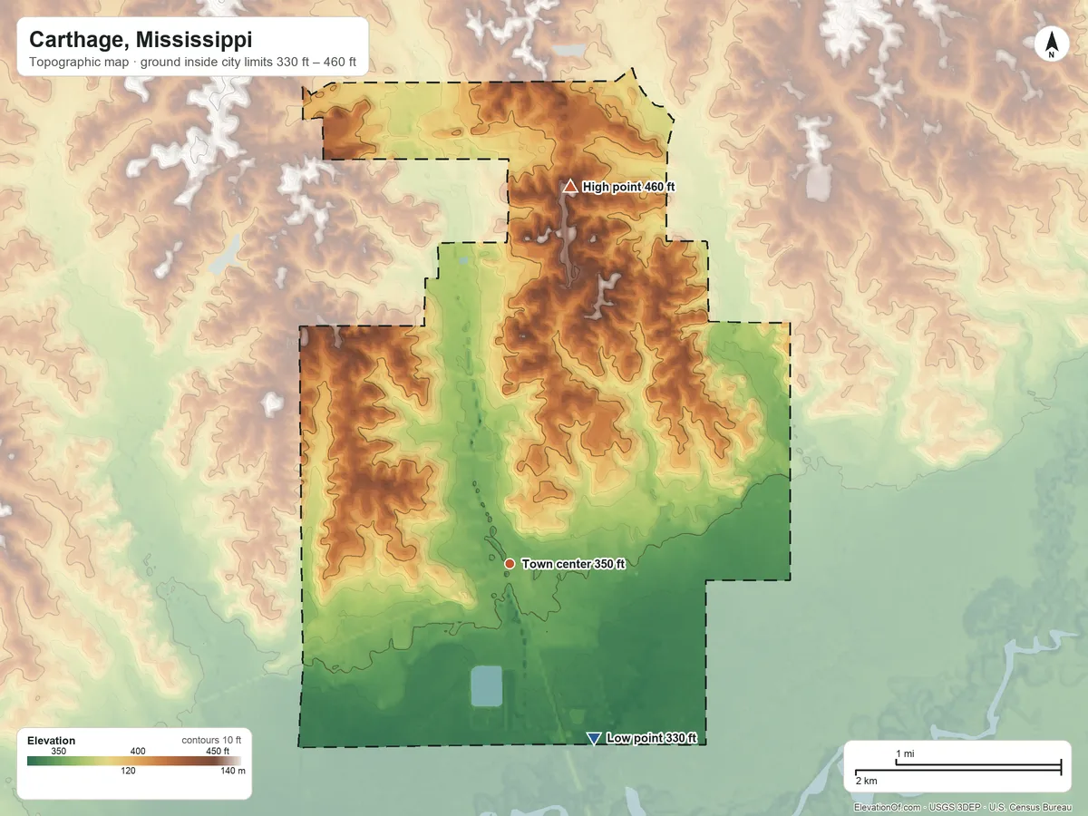 Topographic elevation map of Carthage, Mississippi, shaded from 330 ft on the southeast side to 460 ft on the north side