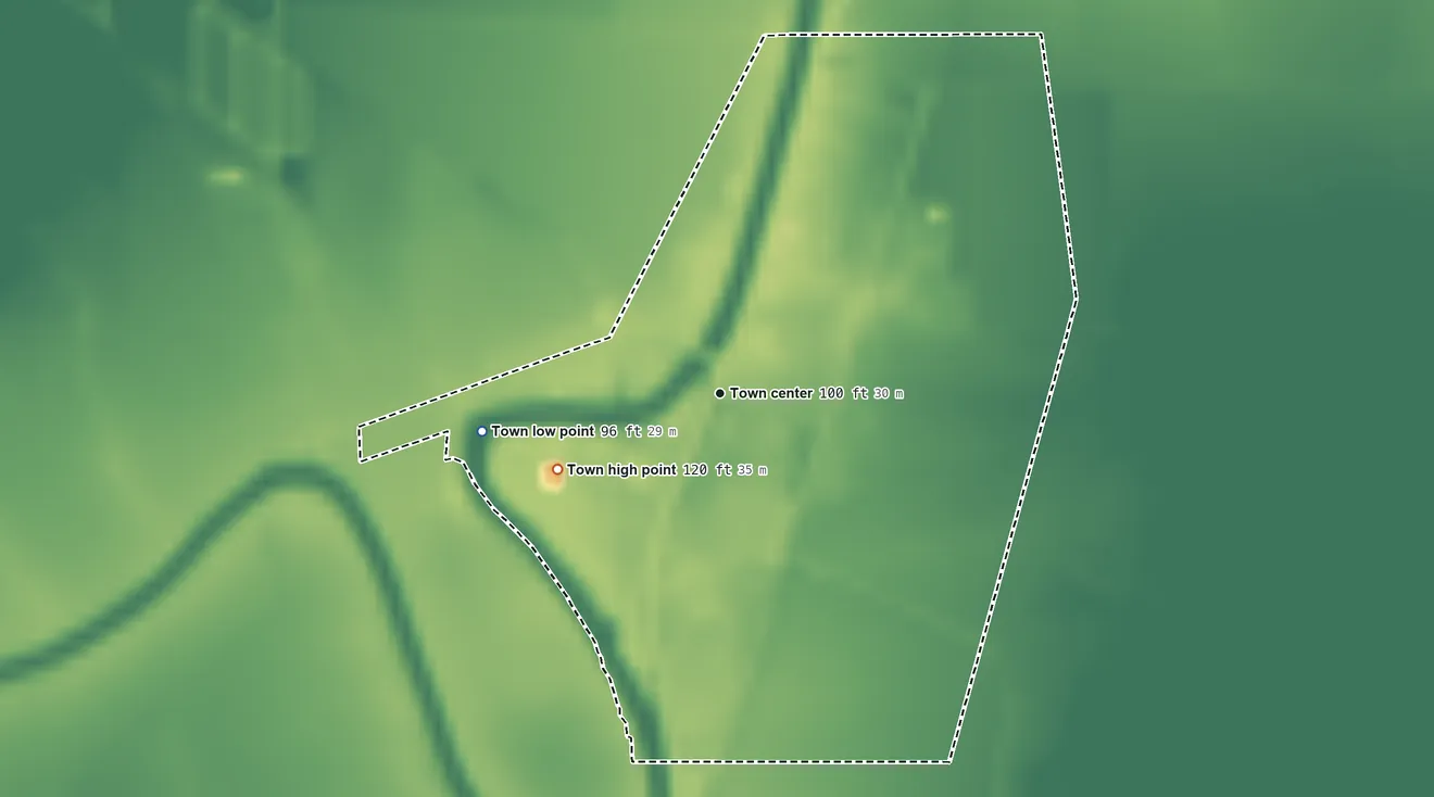 Topographic elevation map of Cary, Mississippi, shaded from 96 ft on the west side to 120 ft on the southwest side