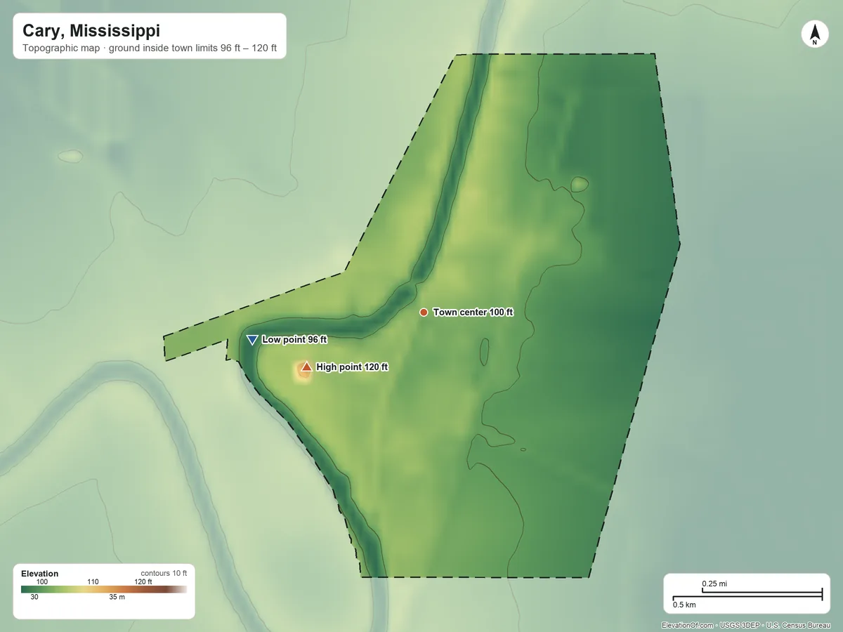 Topographic elevation map of Cary, Mississippi, shaded from 96 ft on the west side to 120 ft on the southwest side