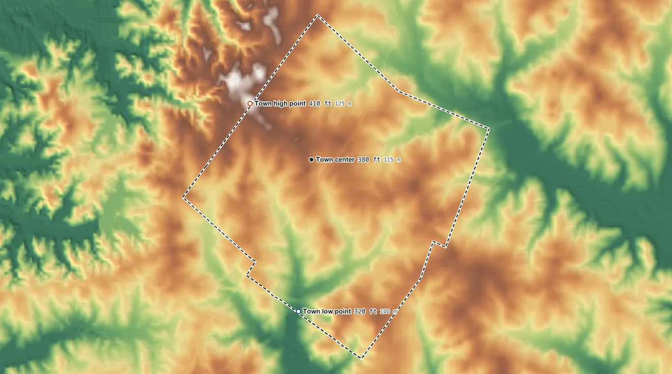 Topographic elevation map of Centreville, Mississippi, shaded from 320 ft on the south side to 410 ft on the northwest side
