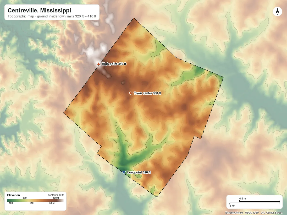 Topographic elevation map of Centreville, Mississippi, shaded from 320 ft on the south side to 410 ft on the northwest side