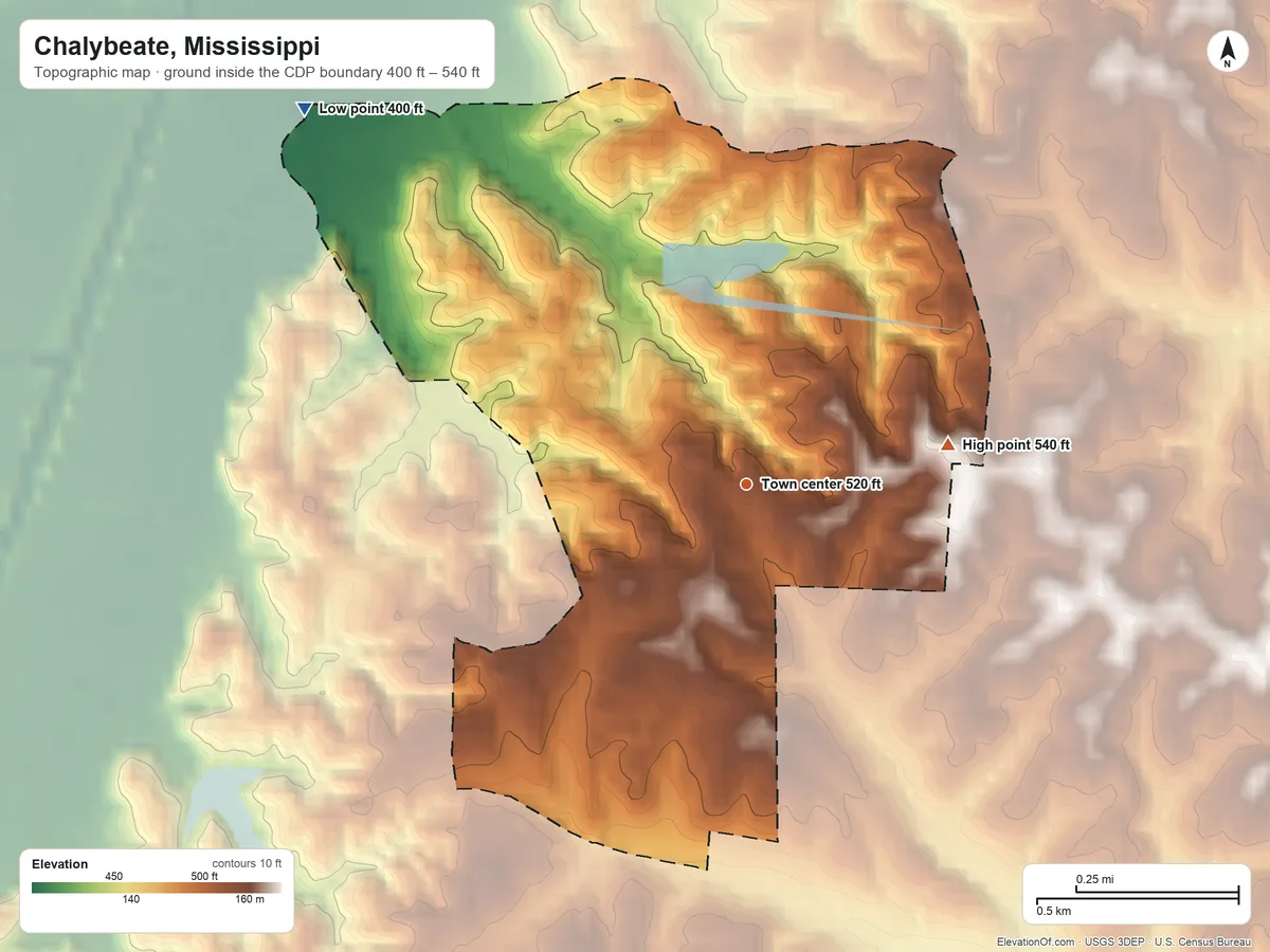 Topographic elevation map of Chalybeate, Mississippi, shaded from 400 ft on the northwest side to 540 ft on the east side