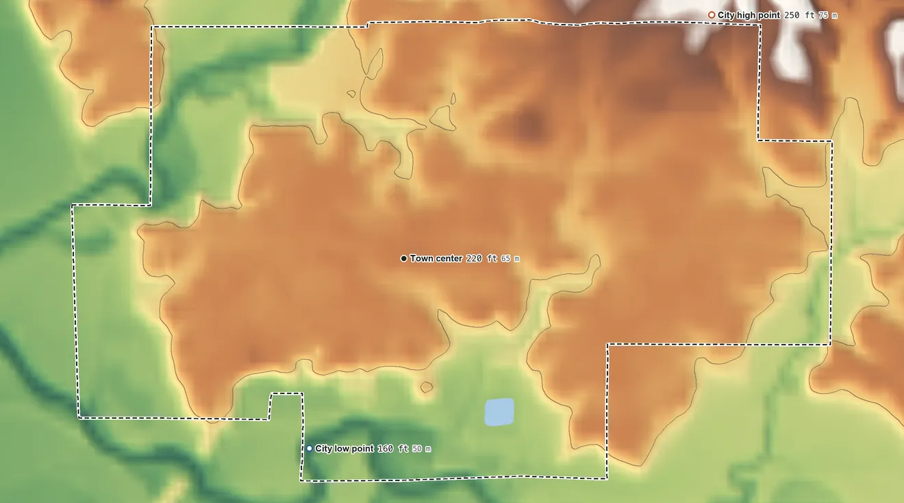 Topographic elevation map of Charleston, Mississippi, shaded from 160 ft on the southwest side to 250 ft on the northeast side