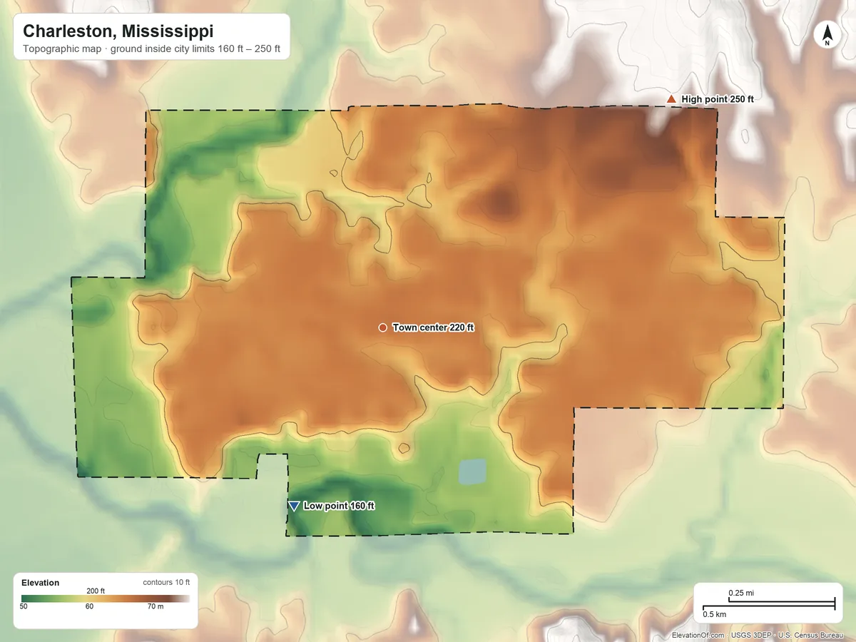Topographic elevation map of Charleston, Mississippi, shaded from 160 ft on the southwest side to 250 ft on the northeast side