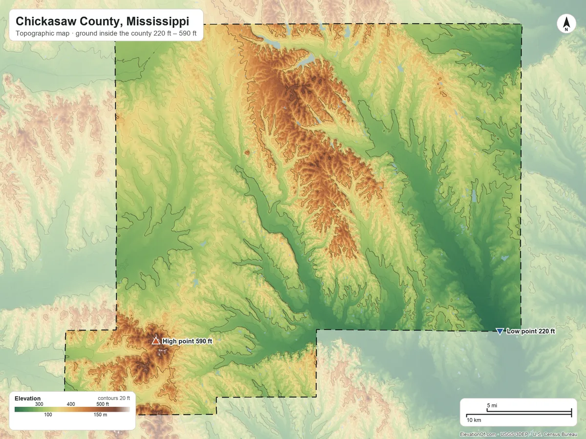 Topographic elevation map of Chickasaw County, Mississippi, shaded from 220 ft on the southeast side to 590 ft on the southwest side