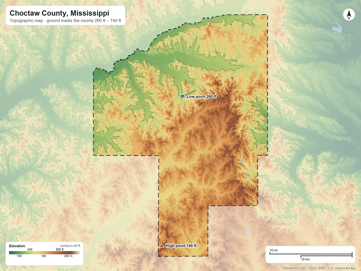 Topographic elevation map of Choctaw County, Mississippi, shaded from 260 ft on the north side to 740 ft on the south side