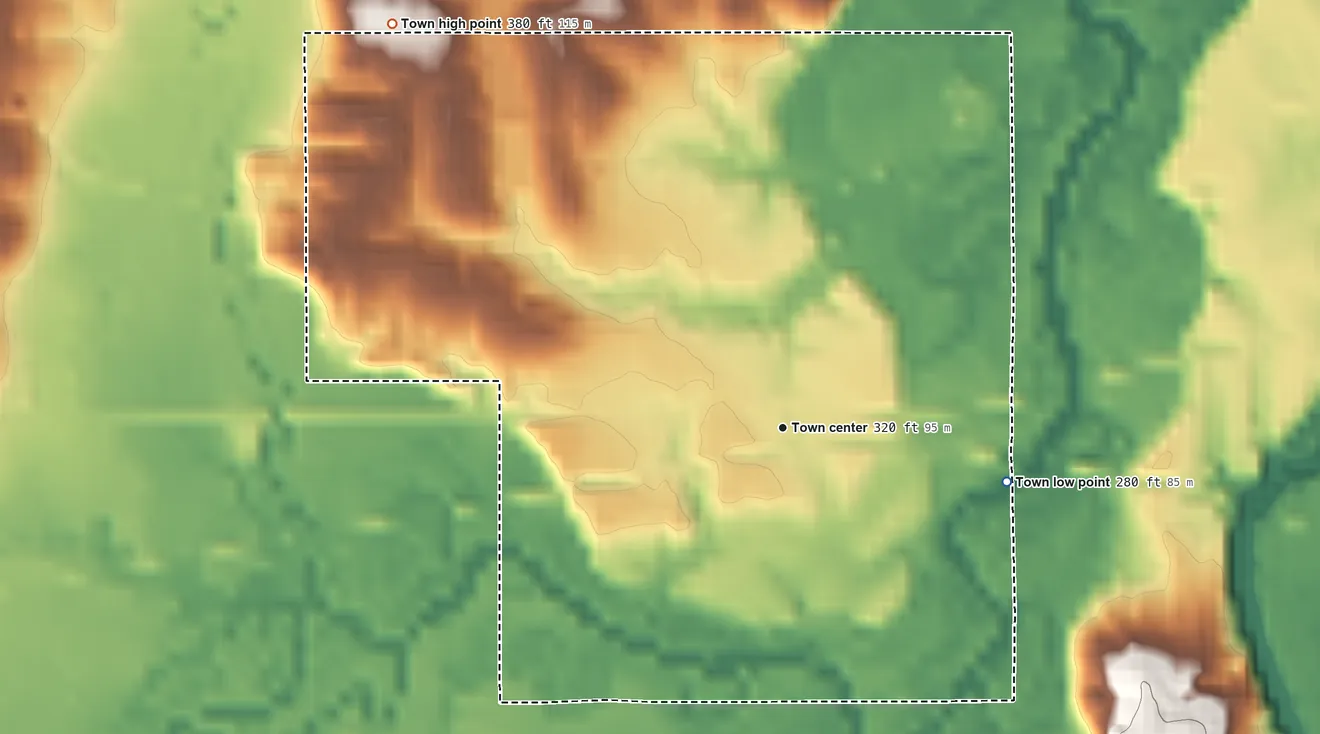 Topographic elevation map of Chunky, Mississippi, shaded from 280 ft on the east side to 380 ft on the northwest side