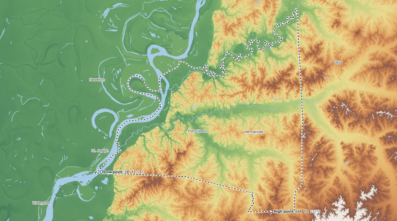 Topographic elevation map of Claiborne County, Mississippi, shaded from 30 ft on the southwest side to 440 ft on the southeast side