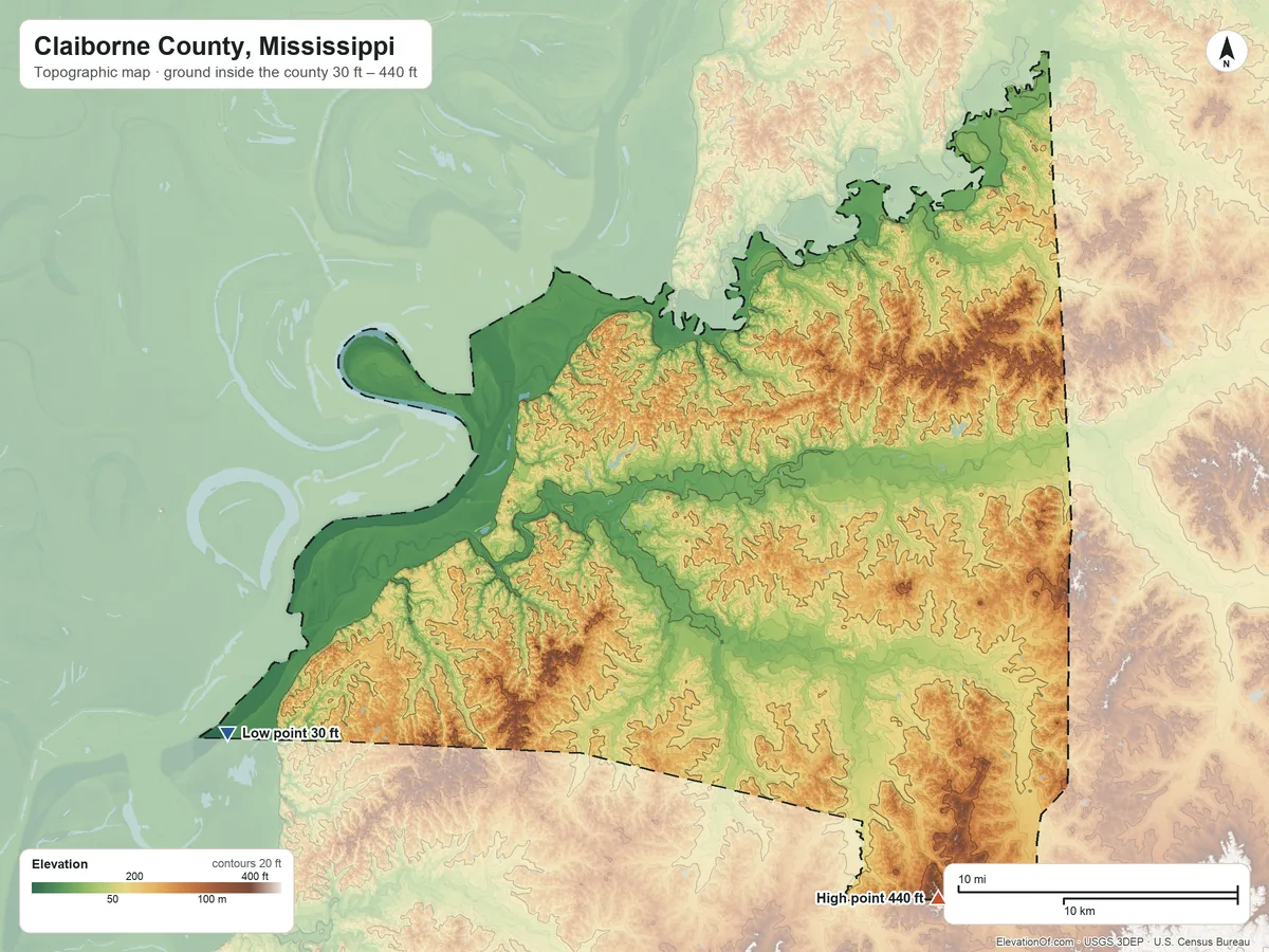 Topographic elevation map of Claiborne County, Mississippi, shaded from 30 ft on the southwest side to 440 ft on the southeast side