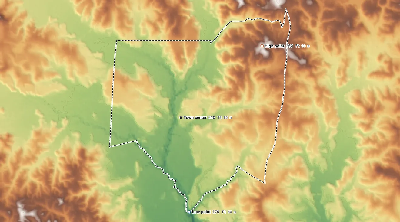 Topographic elevation map of Clara, Mississippi, shaded from 170 ft on the south side to 300 ft on the northeast side