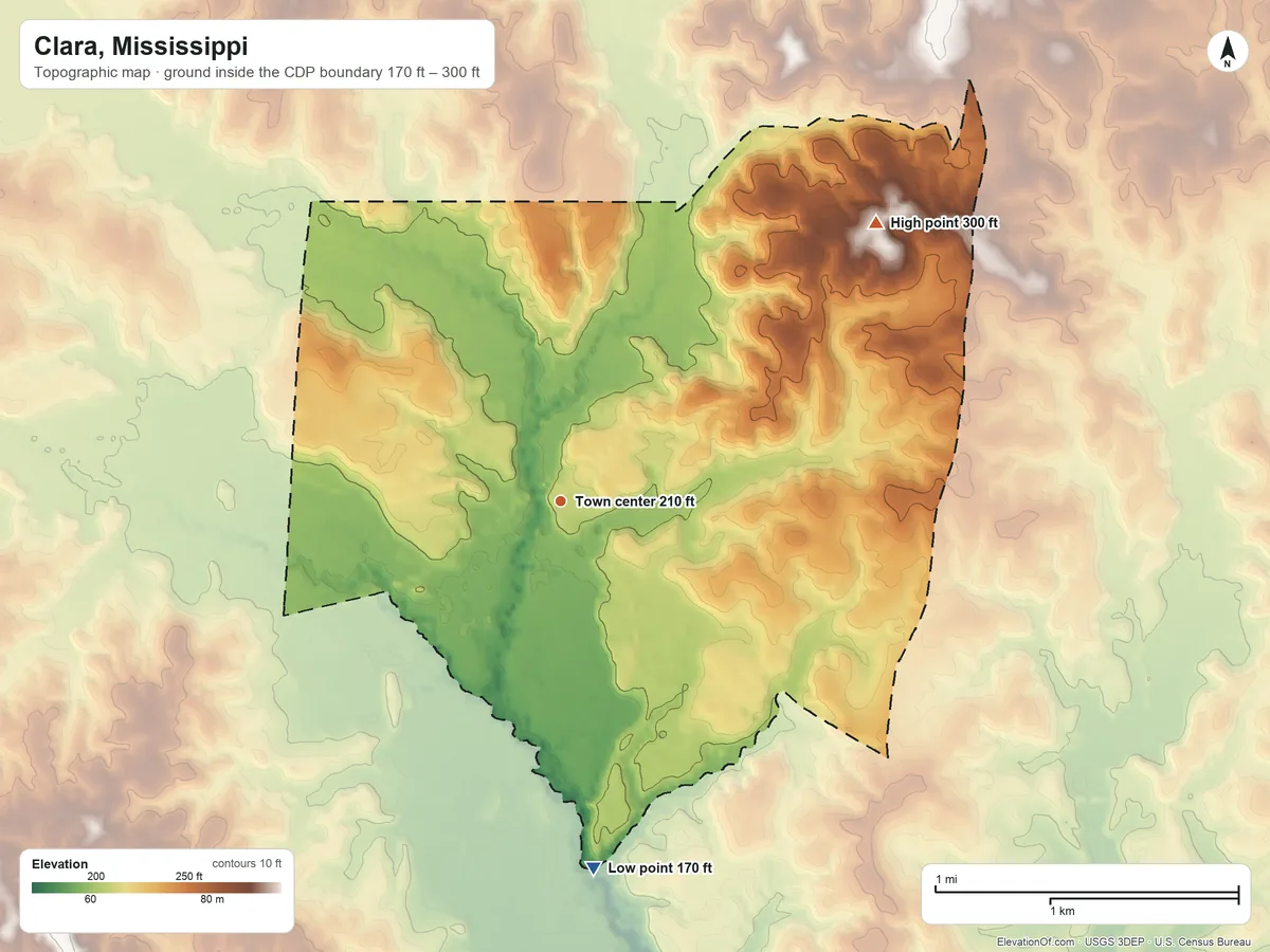 Topographic elevation map of Clara, Mississippi, shaded from 170 ft on the south side to 300 ft on the northeast side
