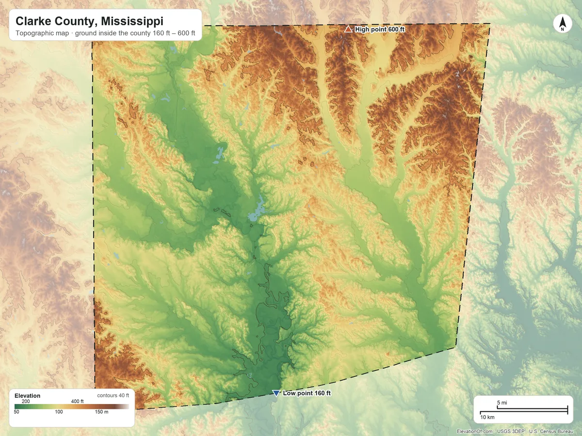 Topographic elevation map of Clarke County, Mississippi, shaded from 160 ft on the south side to 600 ft on the north side