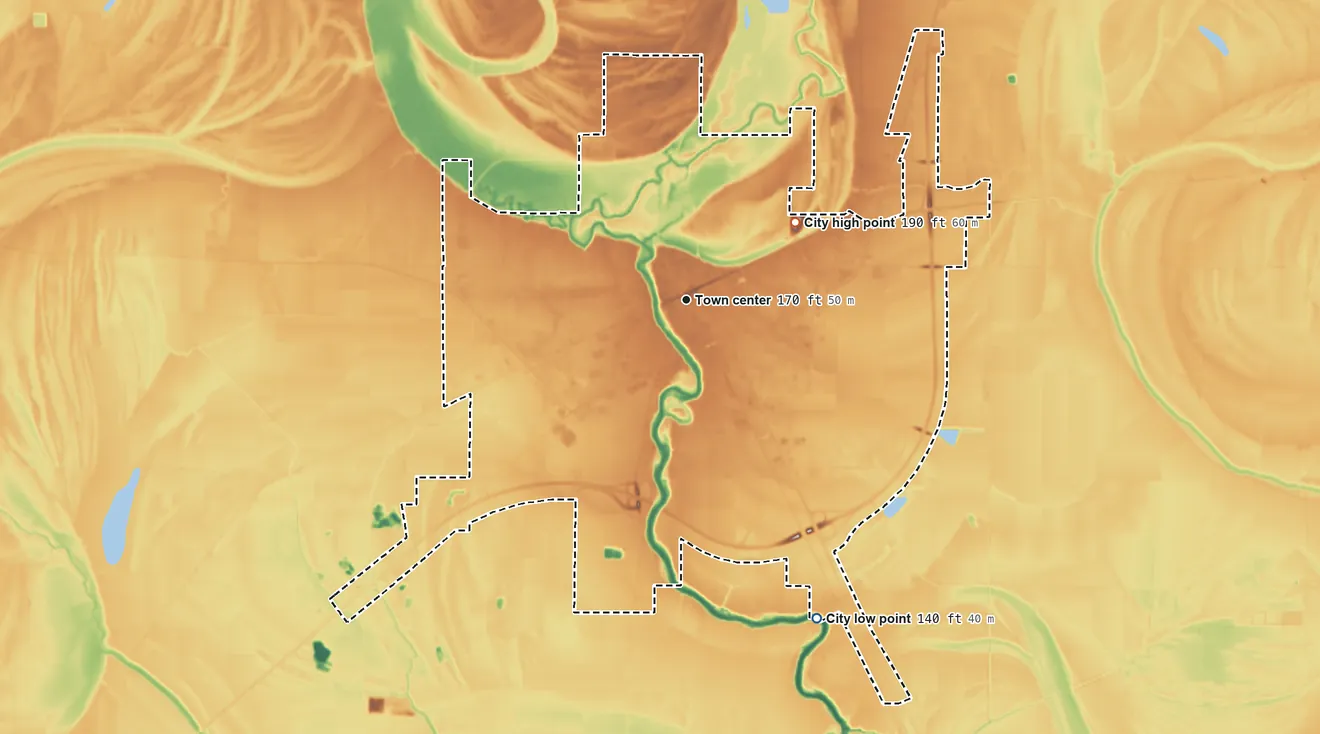 Topographic elevation map of Clarksdale, Mississippi, shaded from 140 ft on the south side to 190 ft on the northeast side